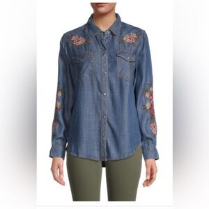 Driftwood -  Lana Floral Embroidered Denim Button Down In Blue - Size Small